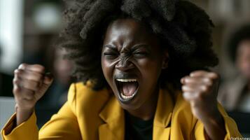 ai gegenereerd een zwart vrouw is schreeuwen Bij een werk bureau met haar armen omhoog. foto