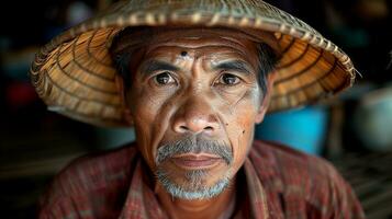 ai gegenereerd portret van een attent ouderen Mens met een traditioneel hoed foto
