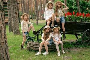 zorgeloos tween meisjes zittend Aan oud houten kar versierd net zo bloem bed Bij land landgoed foto