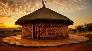 ai gegenereerd in de sereen avond zon, een prachtig kleurrijk traditioneel etnisch Afrikaanse ronde hut van de ndbele stam in een gemeenschap in zuiden Afrika foto