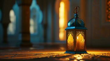 ai gegenereerd een Islamitisch lantaarn zittend Aan de grond met bokeh lichten Islamitisch licht foto
