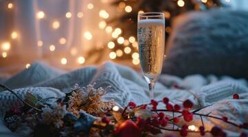 ai gegenereerd een glas van Champagne is in voorkant van sommige bloemen en Kerstmis decoraties Aan een bed foto