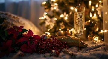 ai gegenereerd een glas van Champagne is in voorkant van sommige bloemen en Kerstmis decoraties Aan een bed foto