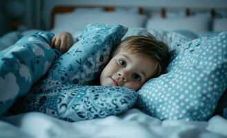 ai gegenereerd een weinig jongen houdende in bed met blauw en wit kussens in de omgeving van zijn hoofd foto
