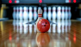 ai gegenereerd een bowling bal en pinnen raken foto