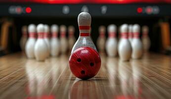 ai gegenereerd een bowling bal en pinnen raken foto