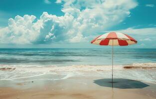 ai gegenereerd een strand tafereel met een rood en wit gestreept paraplu foto