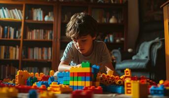 ai gegenereerd een jongen is spelen met Lego blokken in zijn huiskamer foto