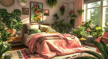 ai gegenereerd een roze en bloemen slaapkamer met planten omgeving de bed foto