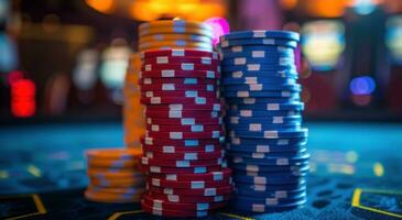 ai gegenereerd een stack van poker chips in voorkant van sommige lichten in een casino kamer foto