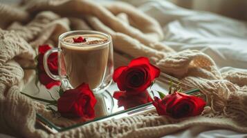ai gegenereerd een glas koffie kop is zittend Aan de dienblad, met sommige rood rozen Aan het foto