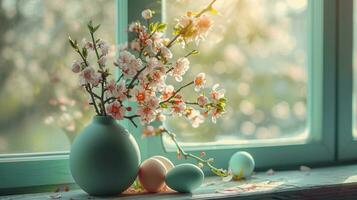 ai gegenereerd een vaas vol van bloemen met vier Pasen eieren Aan een tafel in voorkant van een venster foto