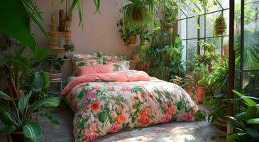 ai gegenereerd een roze en bloemen slaapkamer met planten omgeving de bed foto