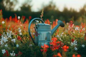 ai gegenereerd een gieter kan is in de midden- van een veld- van bloemen foto