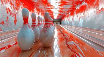 ai gegenereerd bowling spel en spel ballen raken pinnen foto