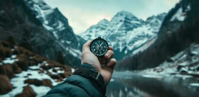 ai gegenereerd een jong persoon hand- Holding een kompas vol van bergen foto
