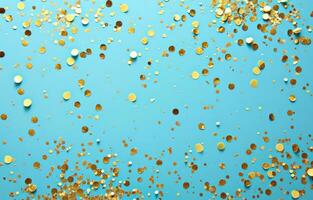 ai gegenereerd goud confetti en confetti Aan blauw achtergrond Kerstmis foto