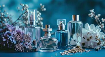 ai gegenereerd verschillend parfum flessen zijn gelegen Aan een blauw achtergrond foto