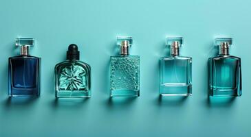 ai gegenereerd verschillend parfum flessen zijn gelegen Aan een blauw achtergrond foto