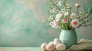 ai gegenereerd Pasen ei mand omringen Aan helder roze achtergrond in langzaam beweging foto