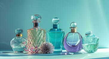 ai gegenereerd verschillend parfum flessen zijn gelegen Aan een blauw achtergrond foto