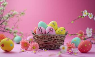 ai gegenereerd Pasen ei mand omringen Aan helder roze achtergrond in langzaam beweging foto