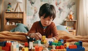 ai gegenereerd jongen is spelen met legos in een kamer foto