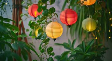 ai gegenereerd meerdere kleurrijk papier lantaarns met planten hangende in de omgeving van hen foto