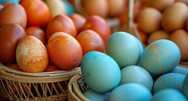 ai gegenereerd divers gekleurde eieren zijn gestapeld in manden foto