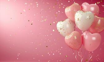 ai gegenereerd Valentijnsdag dag wit goud schitteren en roze ballonnen over- een roze achtergrond foto