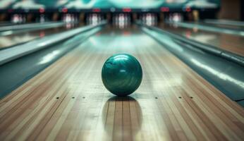 ai gegenereerd de bal is rollend naar beneden de steeg van een bowling groen foto