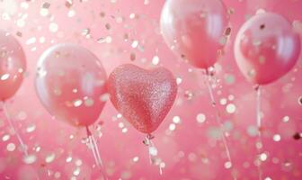 ai gegenereerd Valentijnsdag dag wit goud schitteren en roze ballonnen over- een roze achtergrond foto