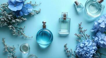 ai gegenereerd divers parfums Aan een blauw achtergrond De volgende naar blauw bloemen foto