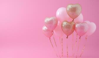 ai gegenereerd Valentijnsdag dag wit goud schitteren en roze ballonnen over- een roze achtergrond foto