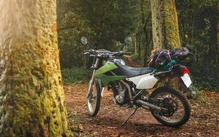 avontuurlijke reizende enduro-motorfiets in bergbos. foto