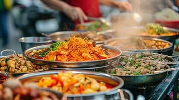 ai gegenereerd straat voedsel kraampjes met een verscheidenheid van pittig en smaakvol Internationale culinaire aanbiedingen foto