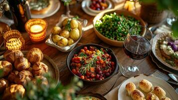 ai gegenereerd warm en uitnodigend dining tafereel, presentatie van een feestelijk iftar bijeenkomst Bij huis met kopiëren ruimte foto