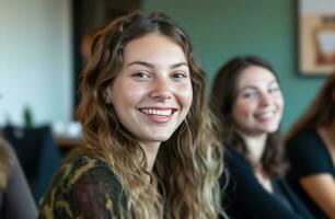 ai gegenereerd jong Dames glimlachen Bij de camera in een conferentie kamer foto