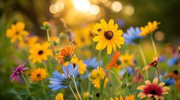 ai gegenereerd wilde bloemen, zoemend bijen, en een levendig zon brengen de lente levendig geest foto