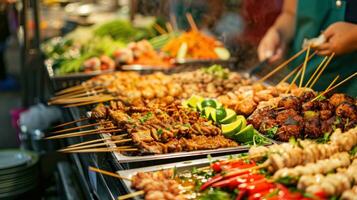 ai gegenereerd straat voedsel kraampjes met een verscheidenheid van pittig en smaakvol Internationale culinaire aanbiedingen foto