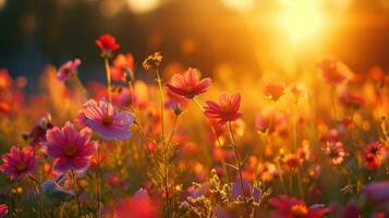 ai gegenereerd wilde bloemen, zoemend bijen, en een levendig zon brengen de lente levendig geest foto