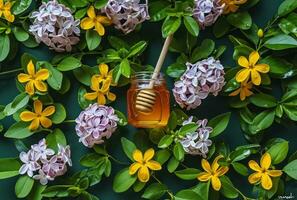 ai gegenereerd geel lila bloemen met honing en honing pot foto