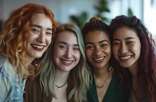 ai gegenereerd jong Dames glimlachen Bij de camera in een conferentie kamer foto