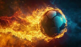 ai gegenereerd een voetbal bal wezen geblazen door brand foto