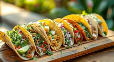 ai gegenereerd een verscheidenheid van taco's is Aan een houten dienblad foto