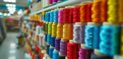 ai gegenereerd kleurrijk draad is wezen gebruikt in een naaien levering op te slaan. foto