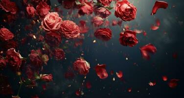 ai gegenereerd rood rozen vallend uit van de achtergrond foto