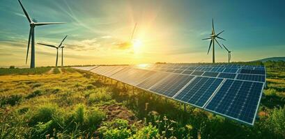 ai gegenereerd zonne- panelen Aan een veld- met wind turbines foto