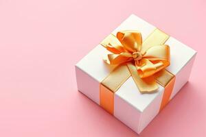 ai gegenereerd wit groot oranje geschenk doos Aan roze roze achtergrond foto
