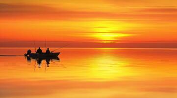 ai gegenereerd twee mannen visvangst Aan een boot Aan de water met zonsondergang, rustgevend symmetrie foto
